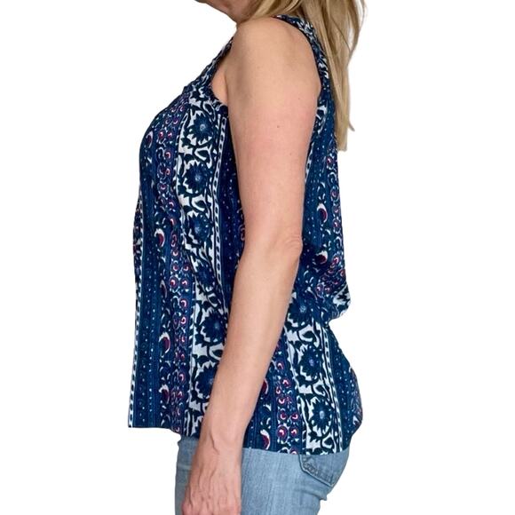 Calvin Klein Navy Floral Tunic Tank Top M Cotton Boho Pockets Ruffle - Picture 6 of 10